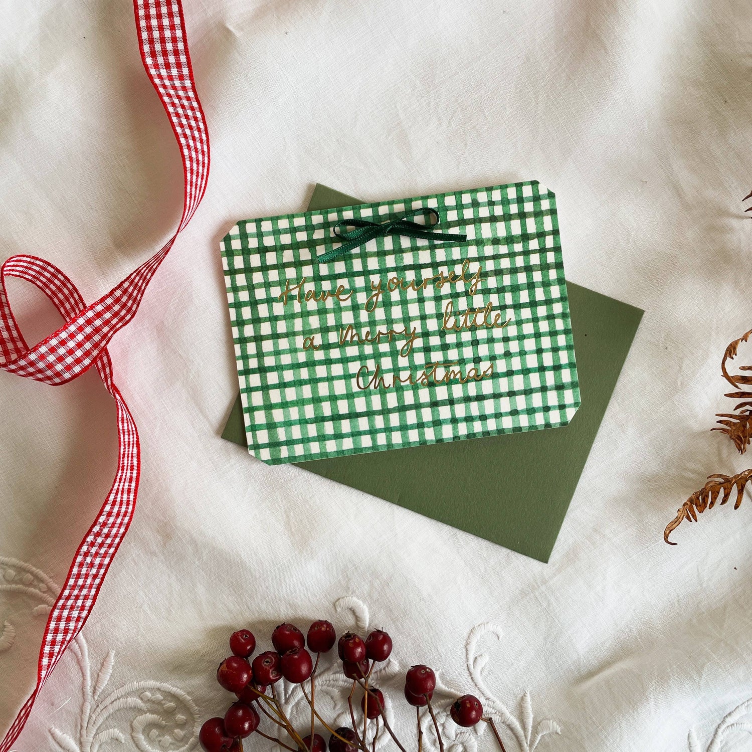 Green Gingham Petite Foiled Bow Christmas Card