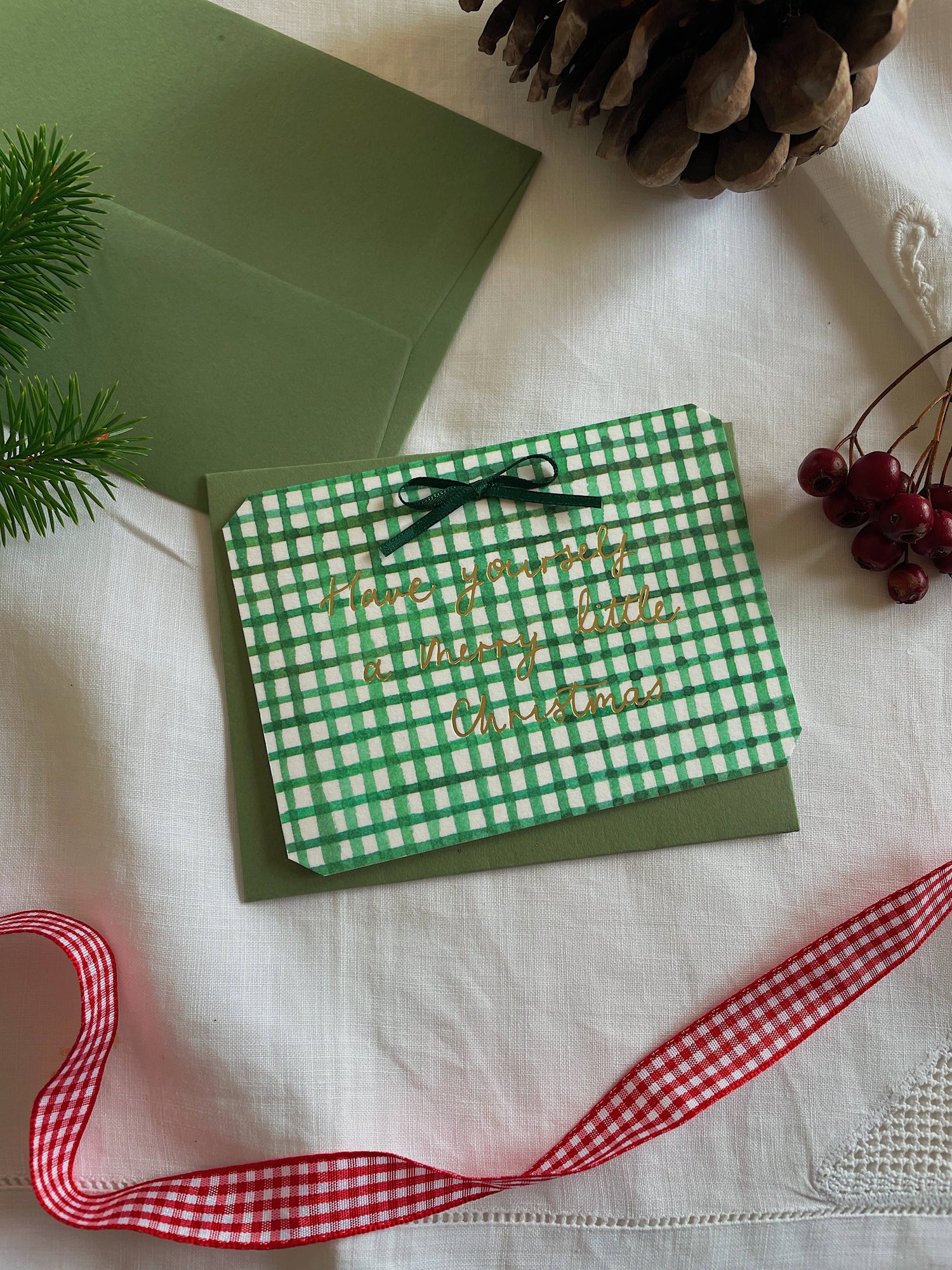 Green Gingham Petite Foiled Bow Christmas Card