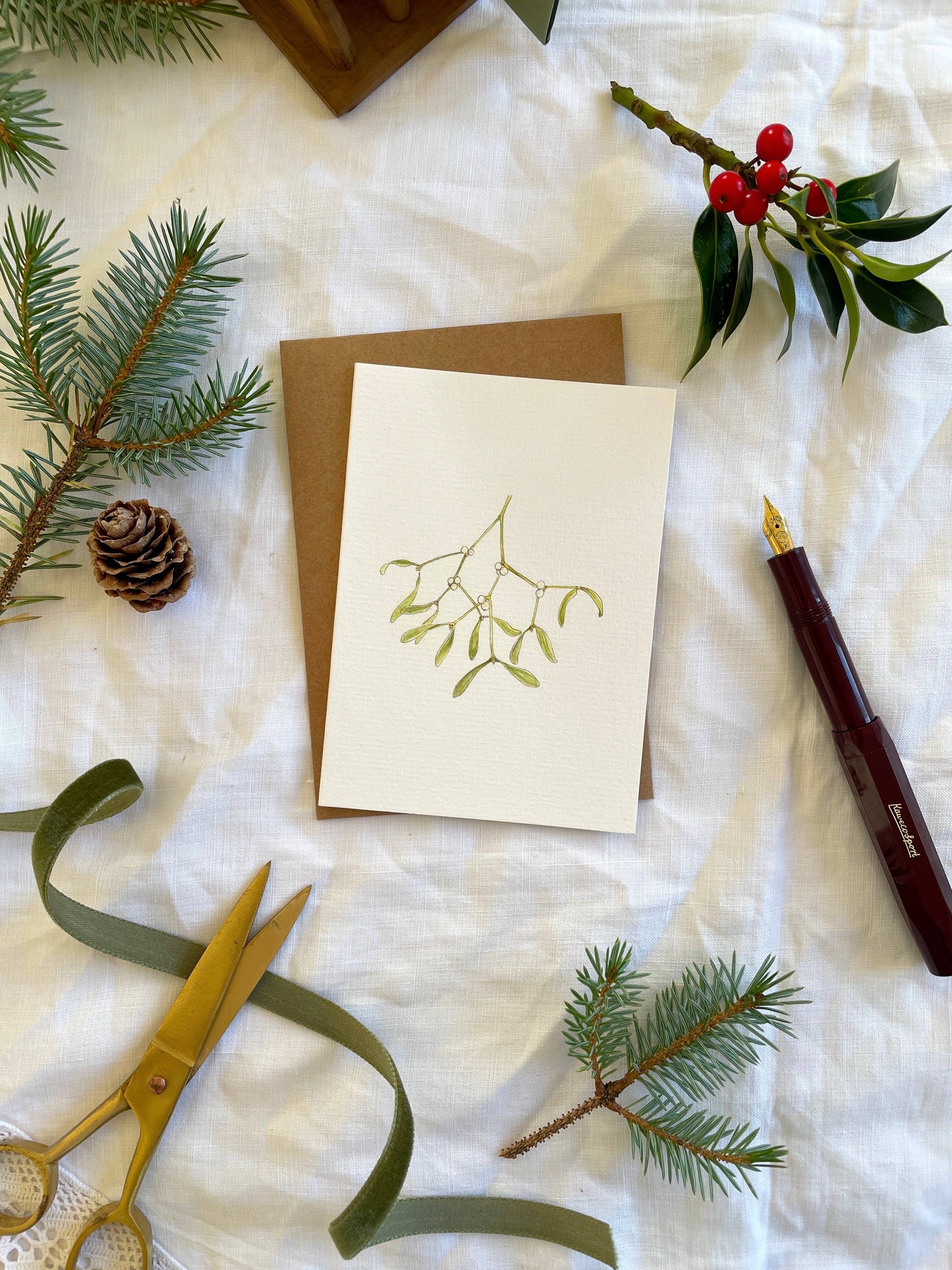 Botanical Illustration Mistletoe Christmas Card